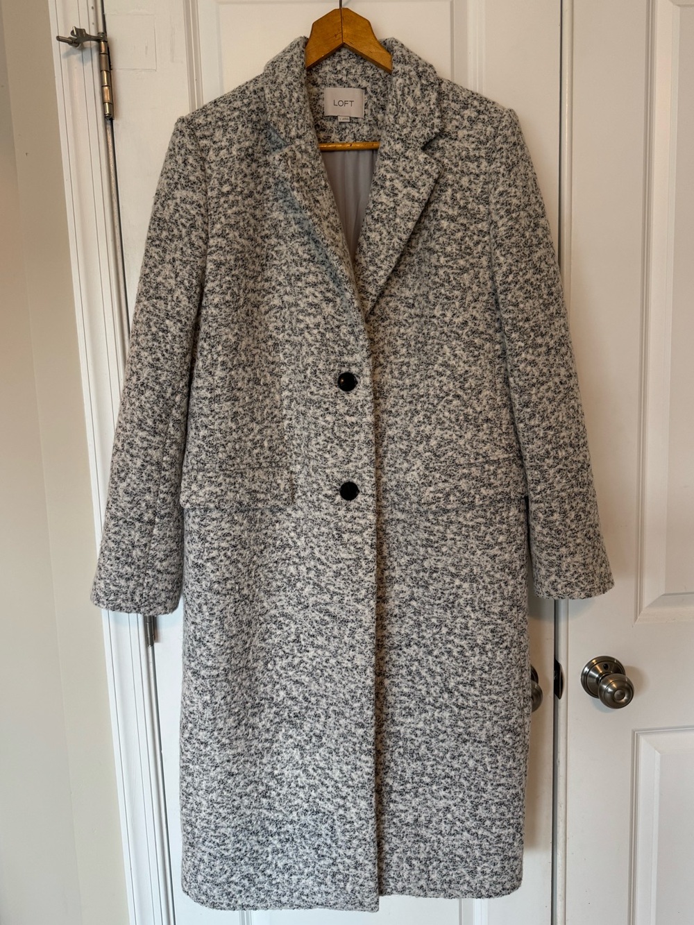 LOFT Bouclé Black White Gray Single-Breasted Long Wool Coat Sz Large NWOT